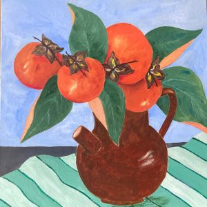 Persimmons in a brown pot by Rosanna Hindmarsh