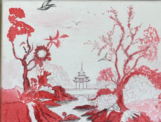 Red Chinese landscape by Mike Kevin