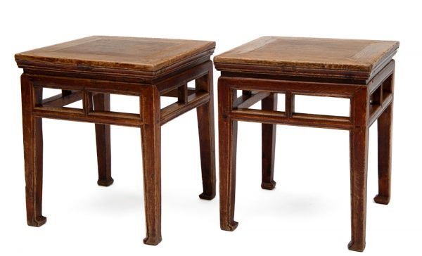 Square stools with vertical supports and horse hoof feet